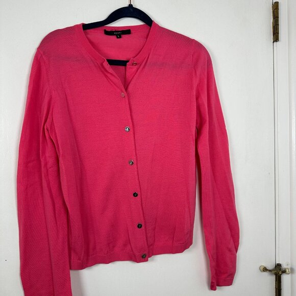 Vintage Gucci Wool Cardigan Pink Sweater with Gucci Silver color metallic Size L - Picture 7 of 16